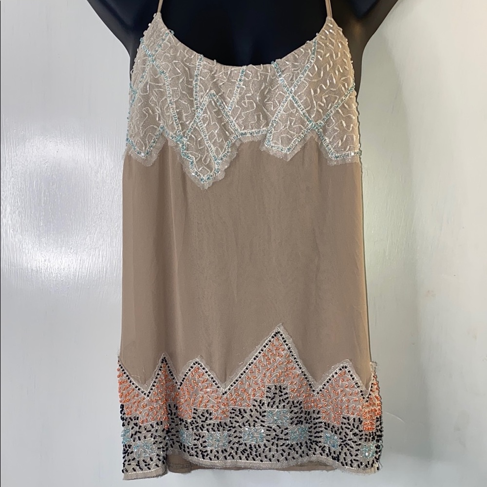 BKE Boutique Beaded Tan and Cream Tank XS